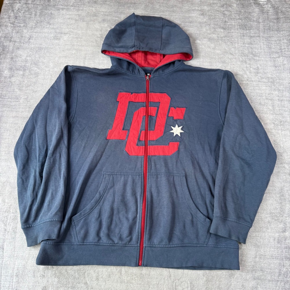 DC Shoes Hoodie Mens XL Blue Full Zip Red Logo Skate Streetwear Y2K Sweatshirt